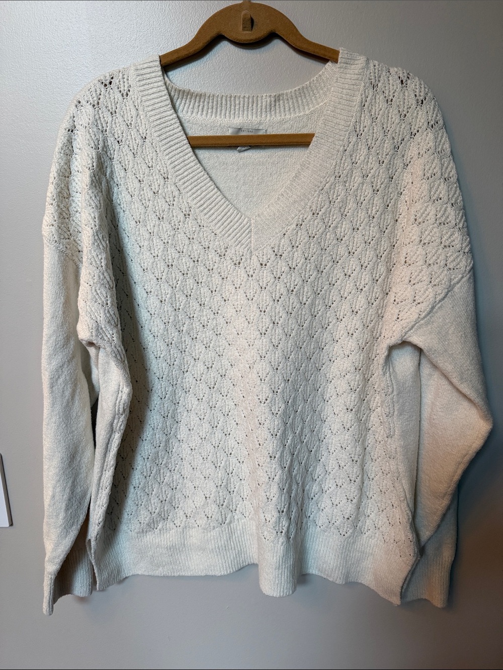 Lucky Brand Cream Pointelle V-Neck Sweater